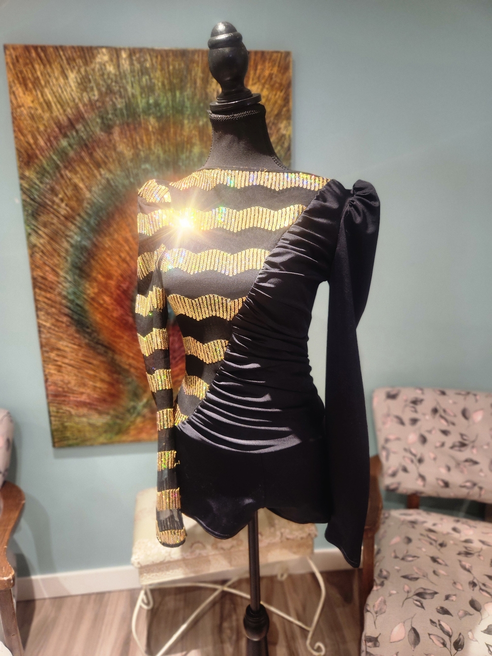 Asymmetrical Black Mini Dress with Gold Sequin Waves